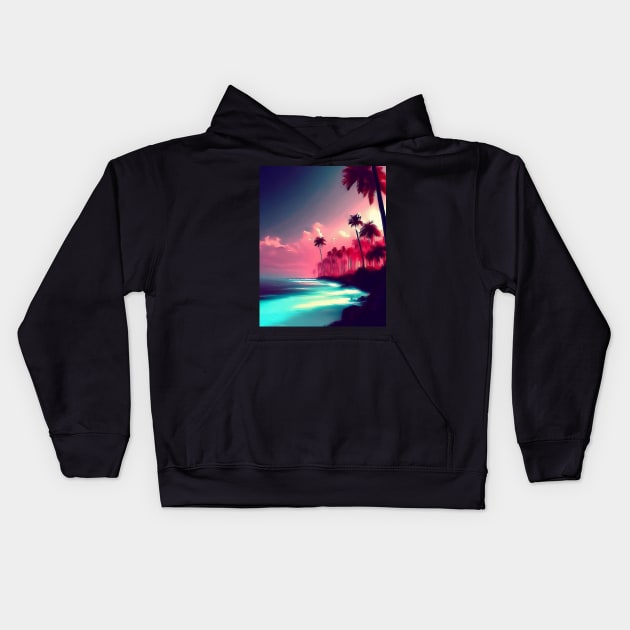 Vaporwave Palm beach with the ocean and sunset landscape Kids Hoodie by TomFrontierArt